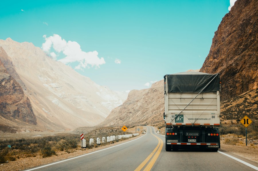 Freight truck travelling on a mountain road